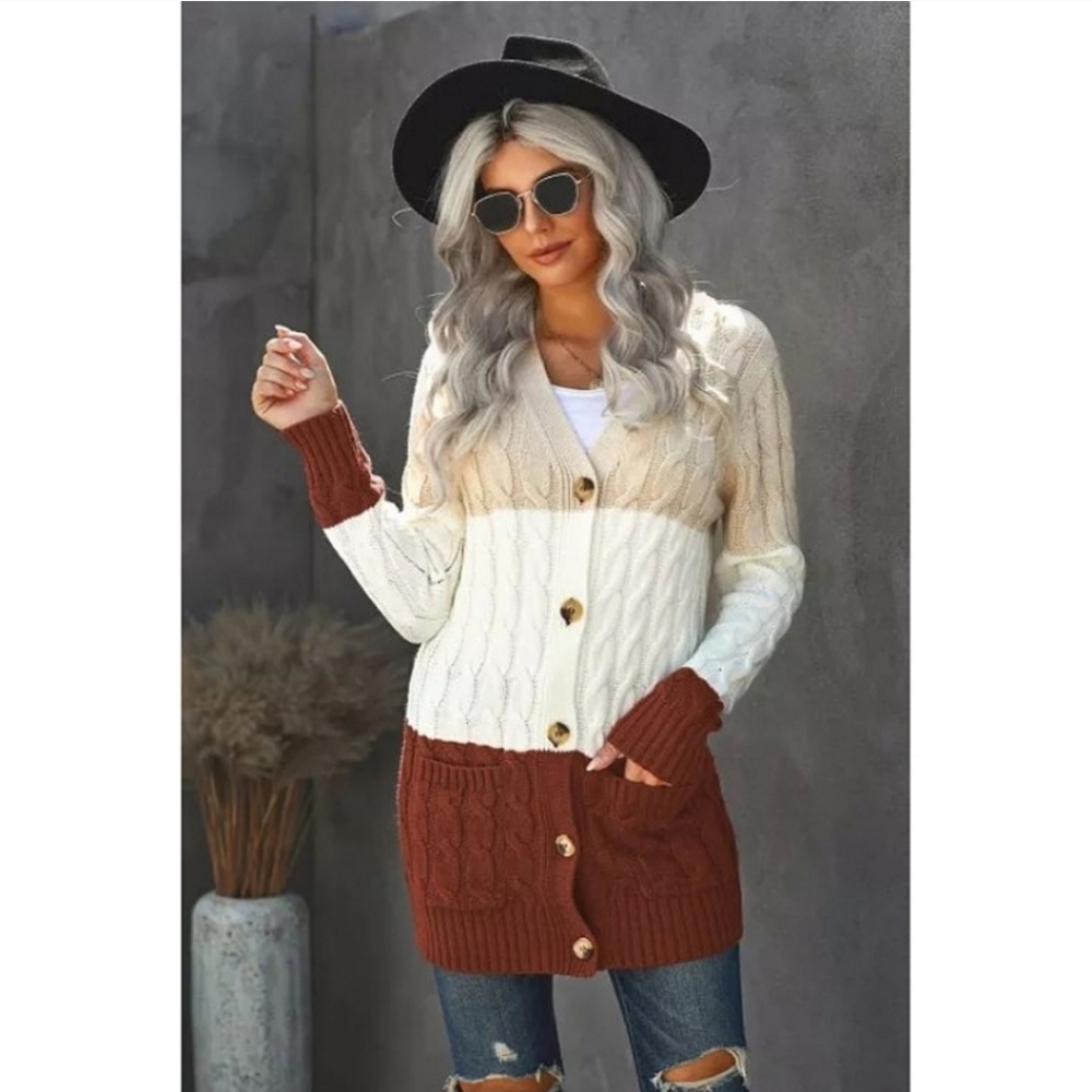 Asvivid Women's Medium Button Front Long Cardigan Sweater Apricot Colorblock